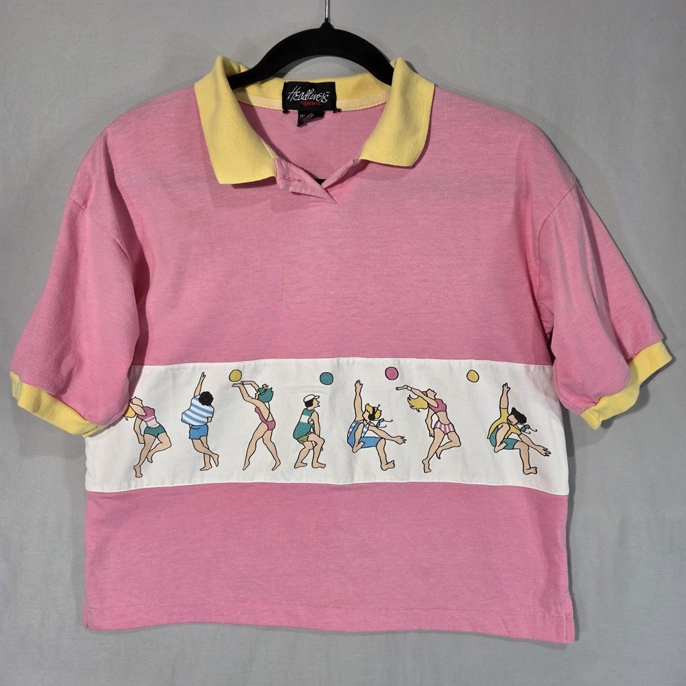 Headliners Sport Polo Crop Tee Women S Pink VTG 90s Volleyball Colorblock EXC